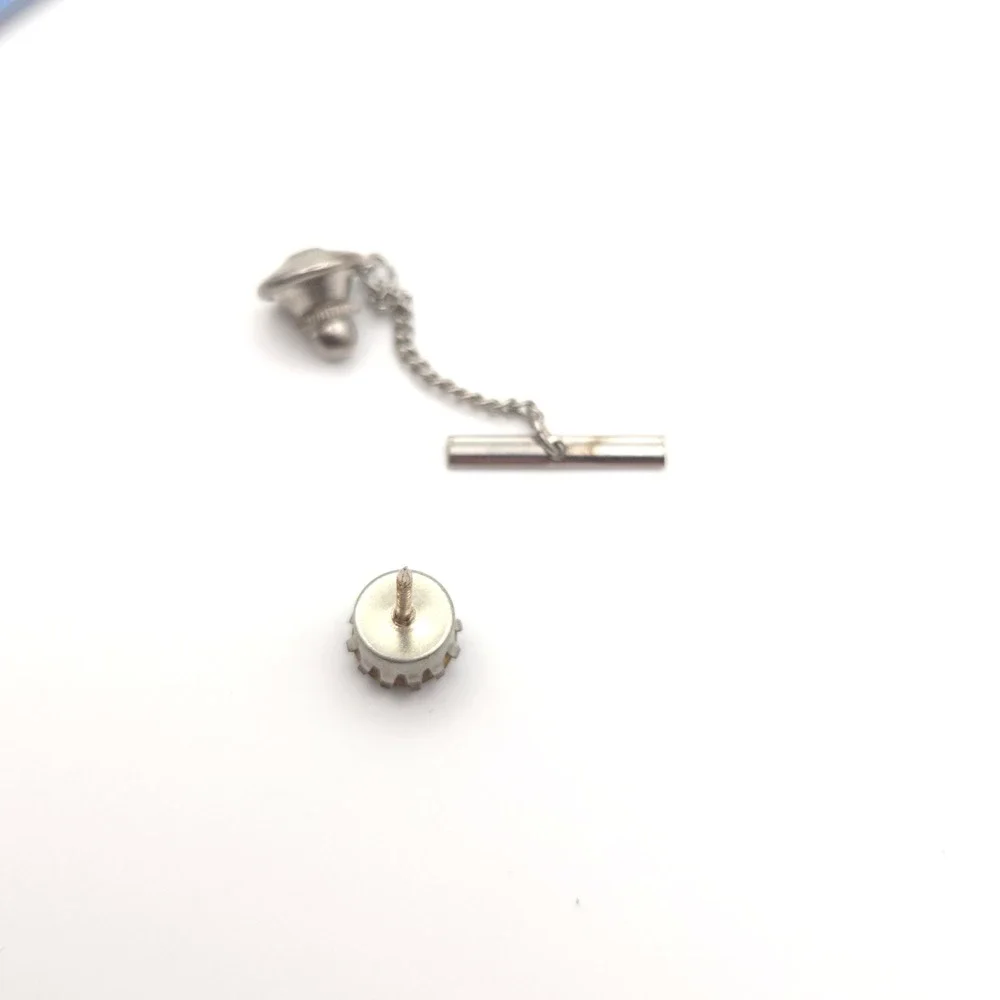 Vintage Blue Rhinestone Tie Tack Silver Tone Crown‎ Setting with Safety Chain